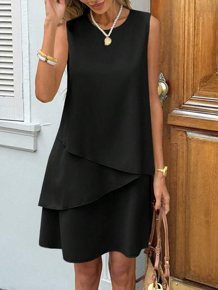 SHEIN LUNE Women's Casual Solid Dress with Round Neck, Ruffles at the Hem and Sleeveless