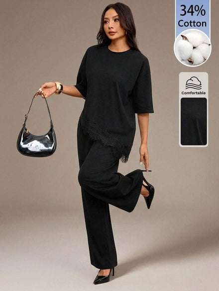 SHEIN PETITE Conjunto de 2 piezas de top y pantalones para mujer con unicolor, patchwork de encaje y dobladillo asimétrico