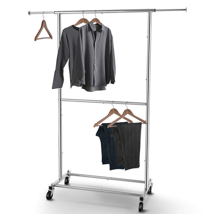 Simple, Tendencia, Doble barra de ropa, organizador con ruedas para colgar la ropa, cromado
