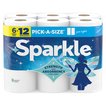 Sparkle Pick-A-Size Toallas de papel, 6 rollos dobles = 12 rollos regulares, toalla de papel de valor diario con hojas completas y medias
