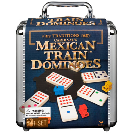Spin Master - Juego de Dominó Mexicano - 2-8 Jugadores - 8+ Años - Aluminio Portátil - Incluye 91 Dominós, 9 Trenes, Almohadilla de Puntuación, Instrucciones y Funda de Transporte de Aluminio