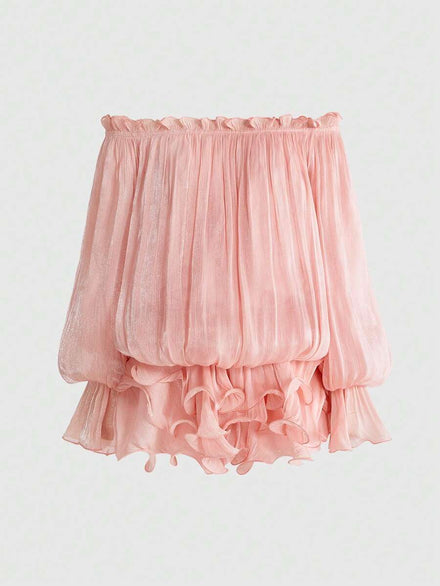 Sweetness Mini Romantic Dress with Off-Shoulder, Balloon Sleeves, and Layered Ruffles for Women