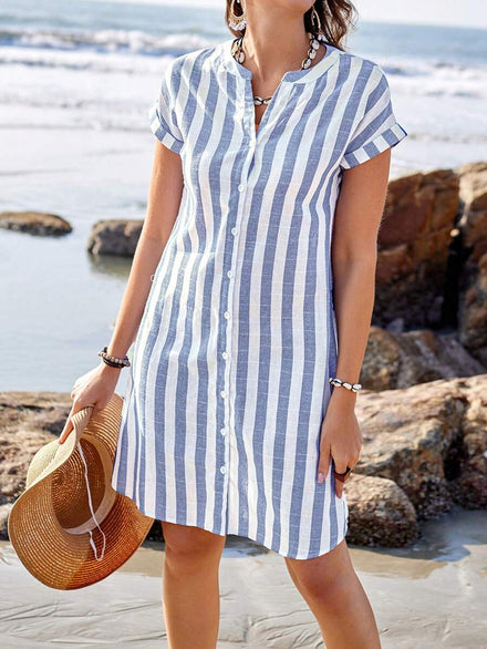 Sylviya Women's Summer Shirt Dress, Short Sleeve, V-Neck and Stripes, Knee Length, Summer Dresses for Women, Vacation