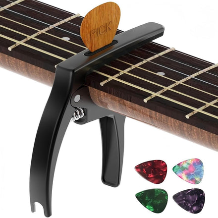 TANMUS Cejilla de guitarra 3 en 1 para guitarras acústicas y eléctricas (con soporte para púas y 4 púas), accesorios para ukelele (negro)