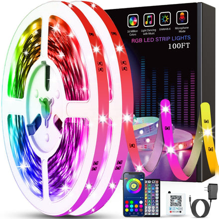 Tenmiro - Tira de luces LED para recámara de 100 pies (2 rollos de 50 pies), sincronización de música, cambio de color, con control remoto y control de aplicación, tira RGB, para decoración de fiestas