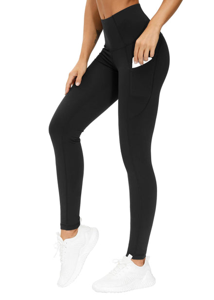 THE GYM PEOPLE - Pantalones de yoga de cintura alta gruesos con bolsillos, control de abdomen, leggings de yoga para entrenamiento, running y yoga para mujer, Negro, Large