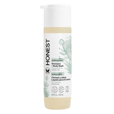 The Honest Company Champú limpiador 2 en 1 + gel de baño para piel sensible | Suave para el bebé | Derivado naturalmente, sin desgarros, hipoalergénico | Sin fragancia, 10 onzas líquidas