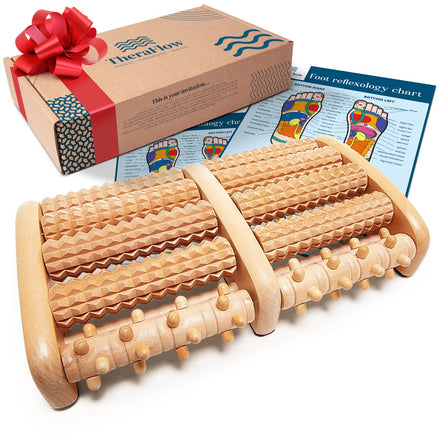 TheraFlow Masajeador de pies doble talla L – Acupresión Shiatsu Original – Alivio Fasciitis plantar – Esquema reflexología plantar/manual de instrucciones – Madera