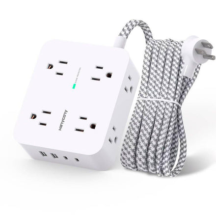 Tira de alimentación protectora de sobretensión, 8 salidas anchas con 4 puertos de carga USB, extensor de 3 salidas laterales con cable de extensión trenzado de 5 pies, enchufe plano, soporte de pared