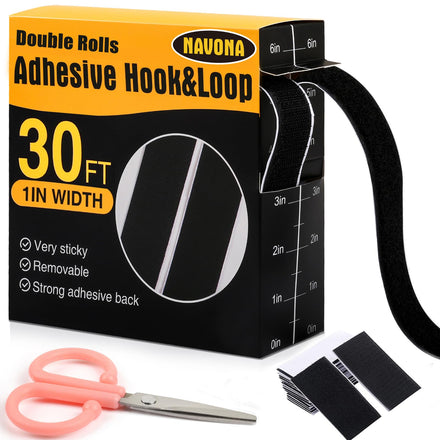 Tiras de gancho y bucle de 30 x 1 pulgadas con adhesivo, rollos dobles de cinta adhesiva resistente con respaldo, cinta autoadhesiva de nailon para casa, oficina, escuela y manualidades, negro