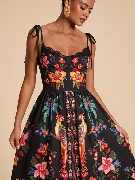 Travachic Women's Classic Dress with Tropical Plant Print, Sexy, Versatile for Work and Travel, with Lace Trim and Midi Length