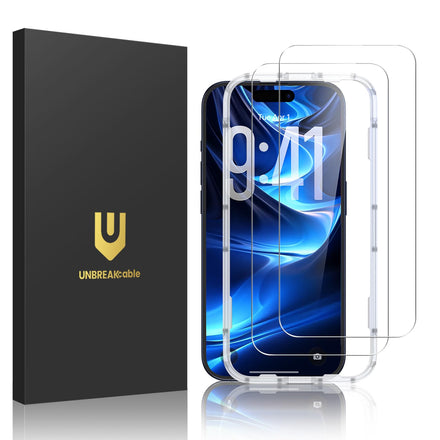UNBREAKcable Paquete de 2 Protectores de Pantalla para iPhone 17 Pro, Vidrio Templado Doble Antigolpes [Marco de Instalación Fácil] [Dureza 9H] [Claridad HD 99,99%] para iPhone de 6.3 pulgadas