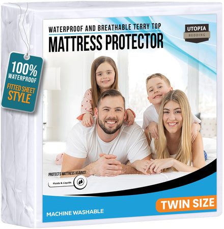 Utopia Bedding Protector de colchón impermeable tamaño individual, funda de colchón de rizo de 200 g/m², transpirable, estilo ajustado con bolsillos elásticos, blanco