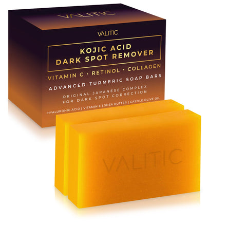 Valitic Kojic Acid - Barras de jabón para eliminar manchas oscuras con vitamina C, retinol, colágeno, cúrcuma, complejo japonés original impregnado con ácido hialurónico, vitamina E, manteca de karité