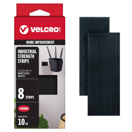 VELCRO Brand Sujetadores resistentes | Tiras de 4 x 5 pulgadas con adhesivo 8 juegos | Capacidad para 4,5 kg | Cinta adhesiva negra de resistencia industrial | Uso en interiores o exteriores