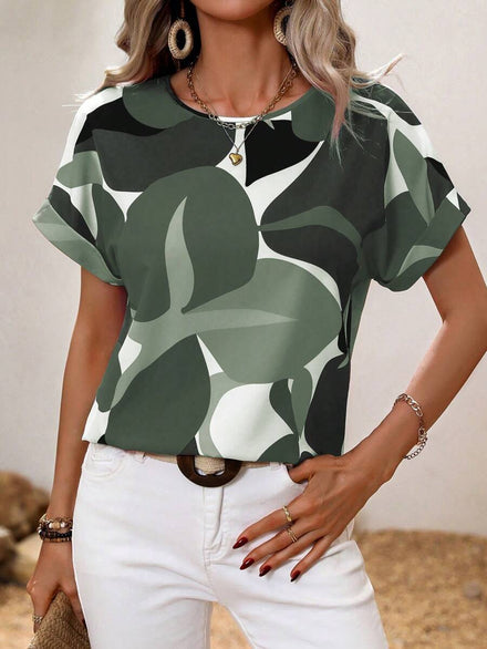 Wandoria Camisa de manga de murciélago informal con estampado completo, verano