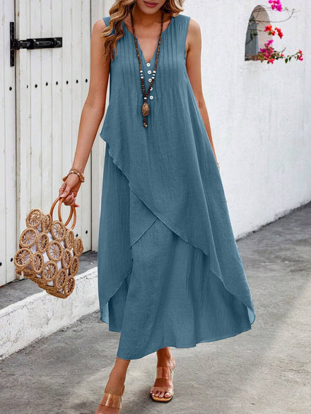 Wandoria Casual Summer Maxi Dress with V-Neck in Solid Color for Holidays and Beach