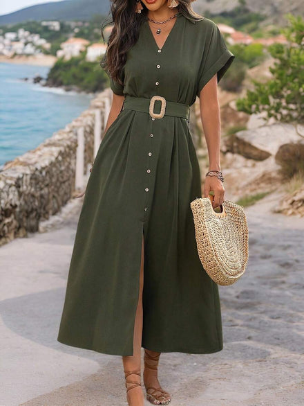 Wandoria Long Dress with V-Neck, Button Detail and Opening for Women