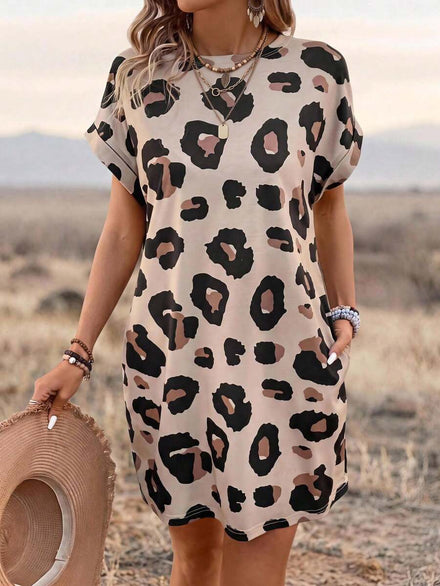 Wildy Short Sleeve Leopard Print Batwing Dress for Women