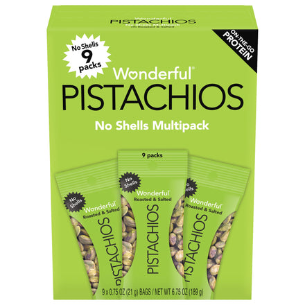 Wonderful Pistachos sin conchas, tostado y salado, bolsa de 0,75 oz (Paquete de 9)