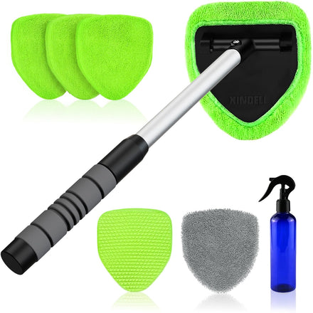 XINDELL - Herramienta de limpieza de parabrisas – Kit de limpieza de ventanas interiores y exteriores de coche con mango extensible y 4 almohadillas de microfibra, cepillo de limpiaparabrisas