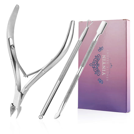 YINYIN - Cortacutículas con empujador de cutículas y cortador de cutículas, cortador profesional de acero inoxidable, herramientas de manicura de pedicura para uñas de manos y pies (plateado)