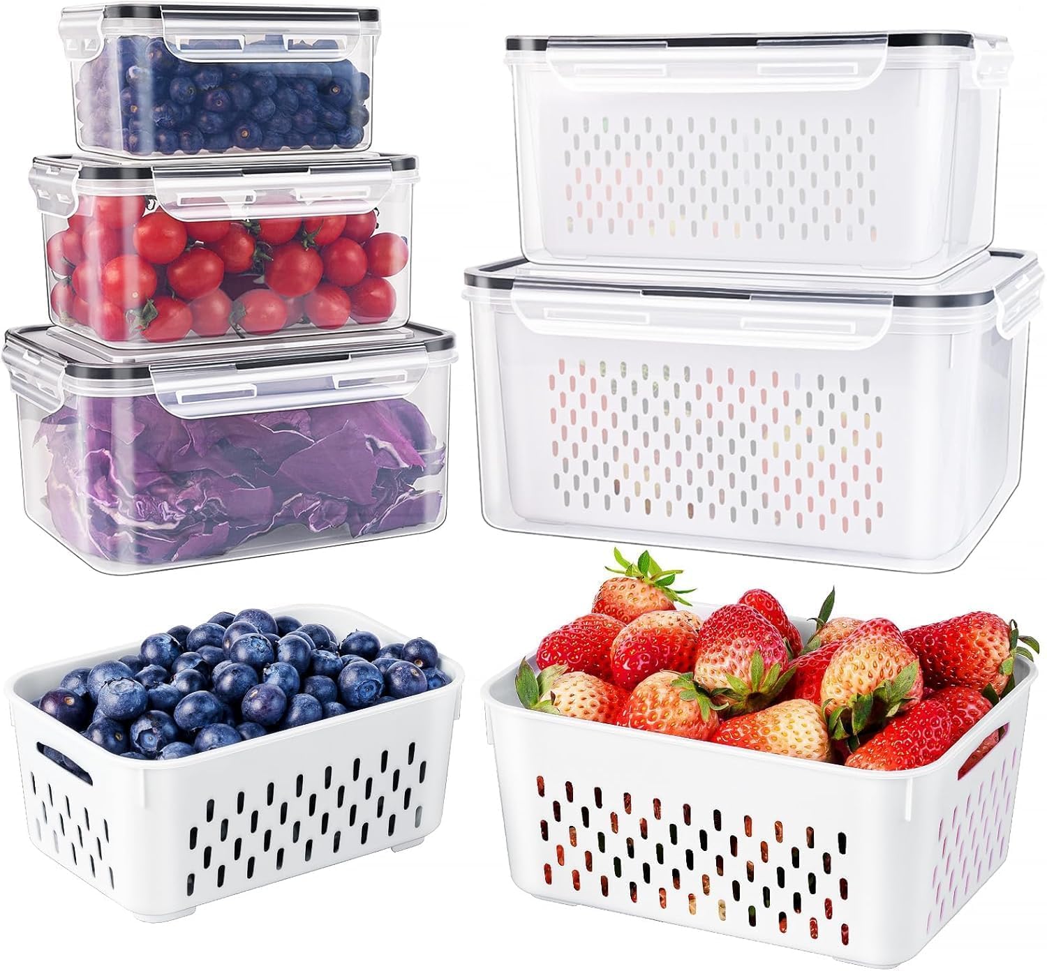 5 recipientes grandes de frutas para nevera, recipientes de almacenamiento de alimentos a prueba de fugas con colador extraÃble, aptos para lavavajillas y microondas, recipientes para mantener frutas