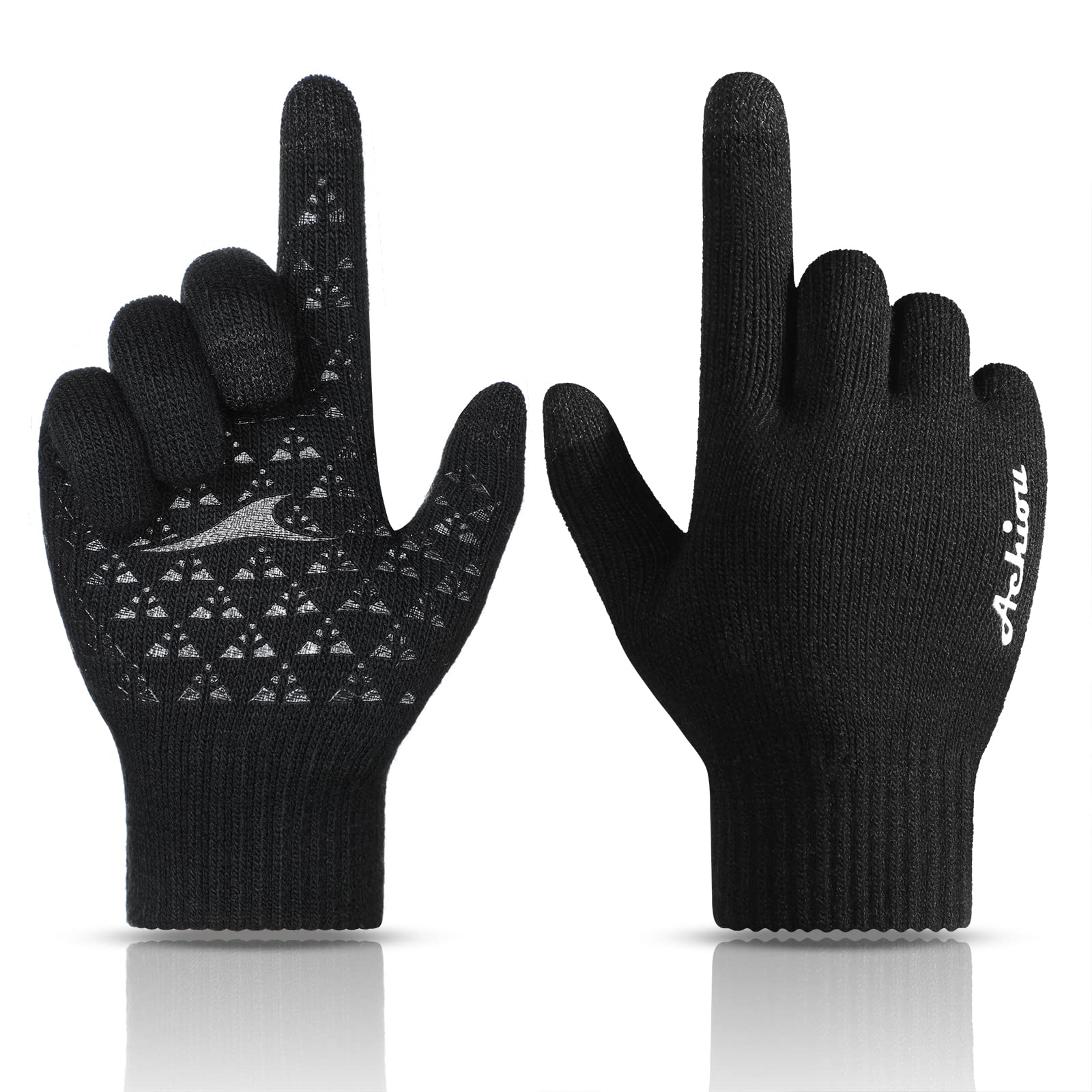 Achiou - Guantes de invierno para hombres y mujeres, aptos para pantalla táctil, guantes cálidos con forro de punto suave térmico, puños elásticos, 3 tamaños para elegir, Negro, M