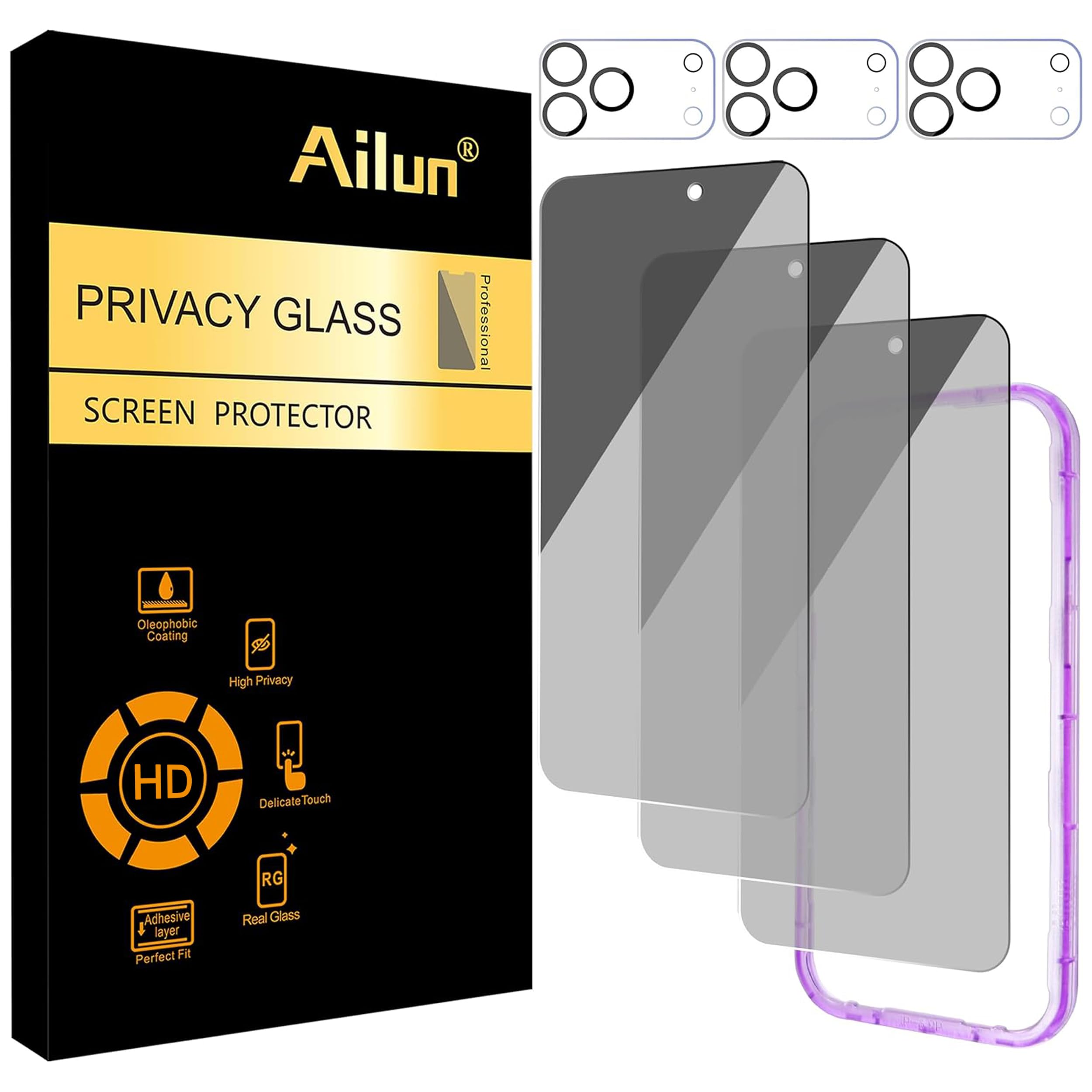Ailun 3 Pack for iPhone 17 Pro Max Privacy Screen Protector [6.9 inch]+ 3 Pack Camera Lens Protector with Installation Frame,Dynamic Island Compatible,Anti Spy Tempered Glass[9H Hardness]-HD
