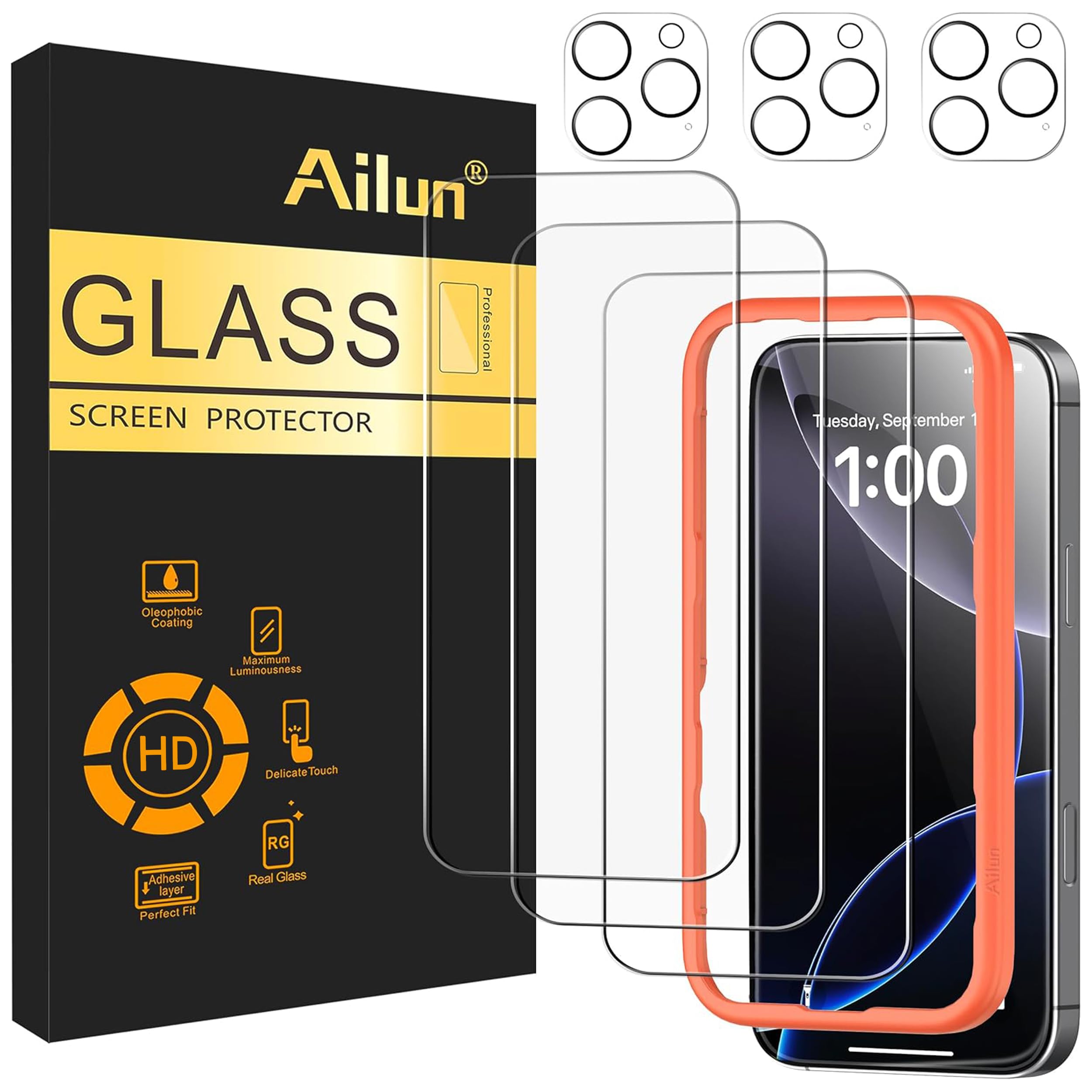 Ailun 3 Pack Screen Protector for iPhone 16 Pro Max [6.9 inch] + 3 Pack Camera Lens Protector with Installation Frame,Sensor Protection,Dynamic Island Compatible,Case Friendly Tempered Glass Film