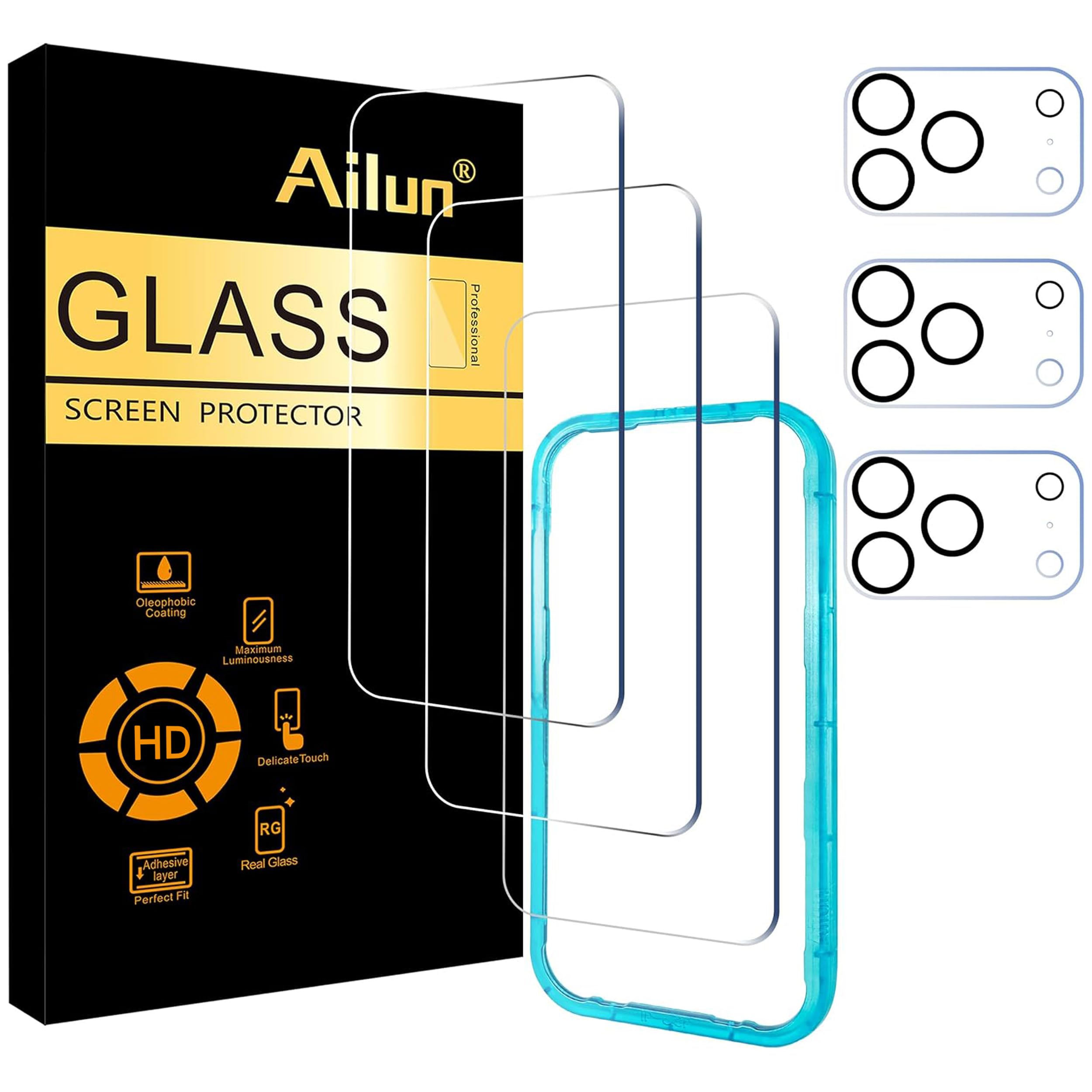 Ailun 3 Pack Screen Protector for iPhone 17 Pro [6.3 inch] + 3 Pack Camera Lens Protector with Installation Frame,Sensor Protection,Dynamic Island Compatible,Case Friendly Tempered Glass Film