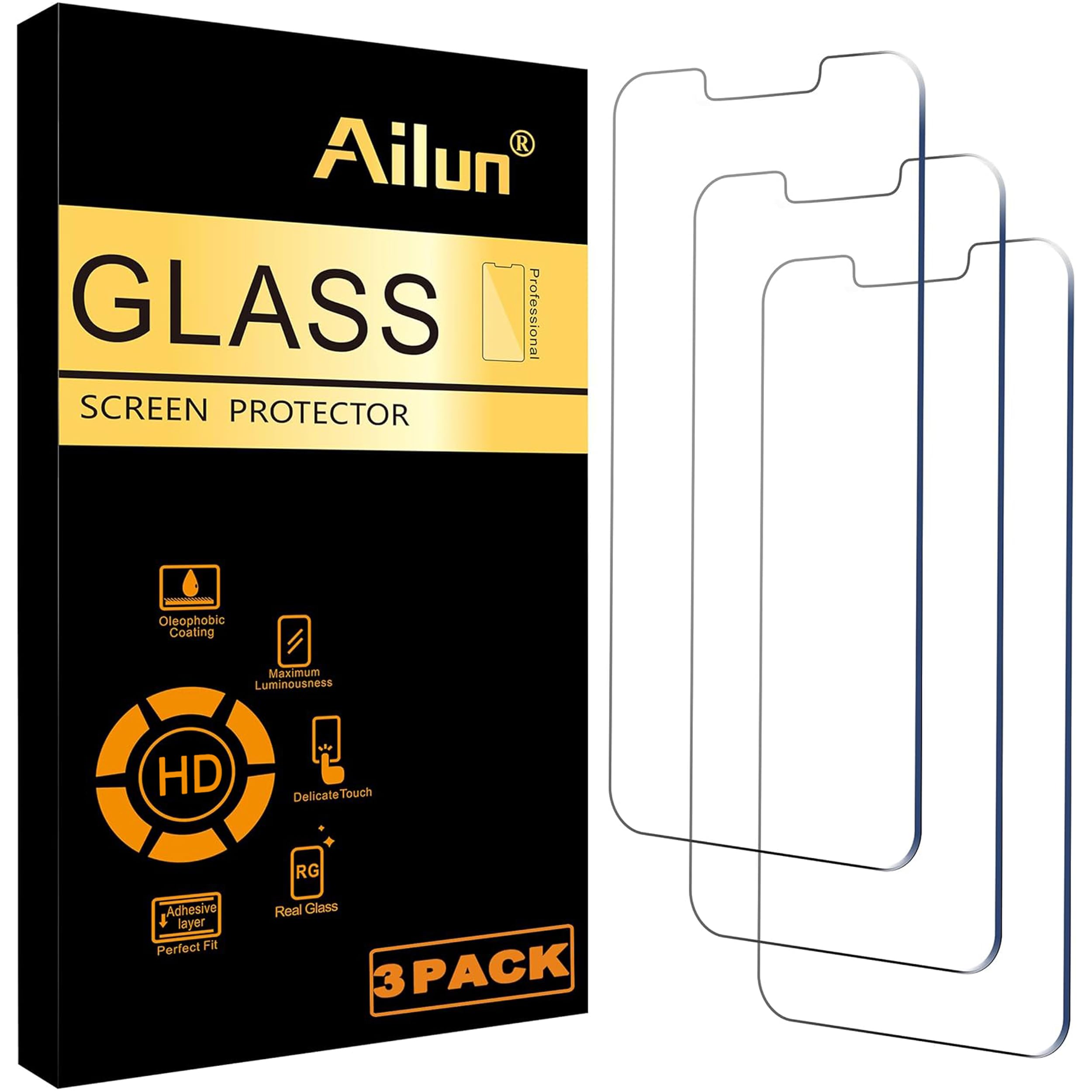 Ailun Screen Protector for iPhone 16e / 14/13 / 13 Pro [6.1 Inch] Display 3 Pack Tempered Glass, Case Friendly [Not for iPhone 16 6.1 Inch]