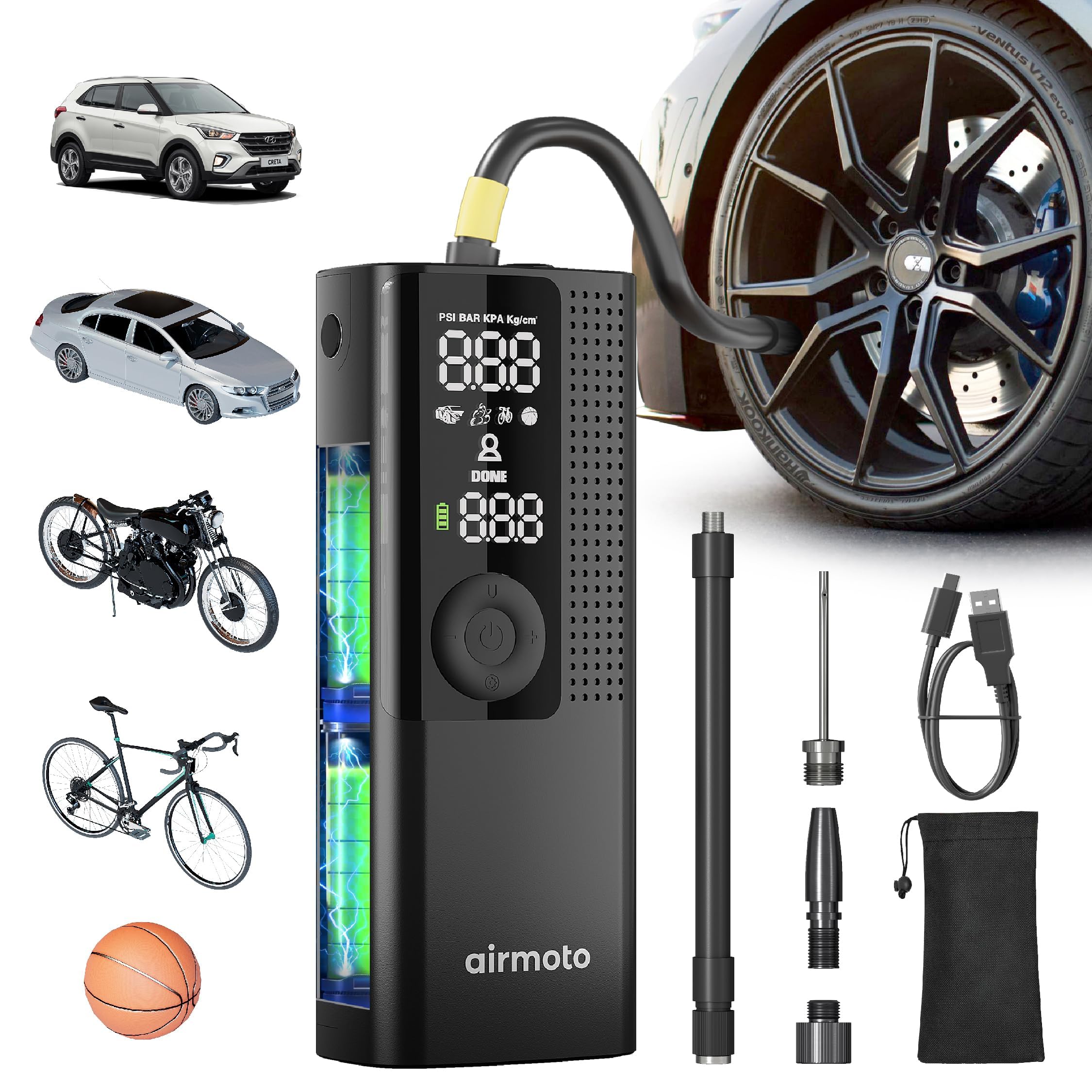 Airmoto La bomba de aire portátil original, 120 PSI compresor de aire inflador de neumáticos – se adapta a neumáticos de coche, camión y motocicleta – Medidor de presión digital, bomba compacta