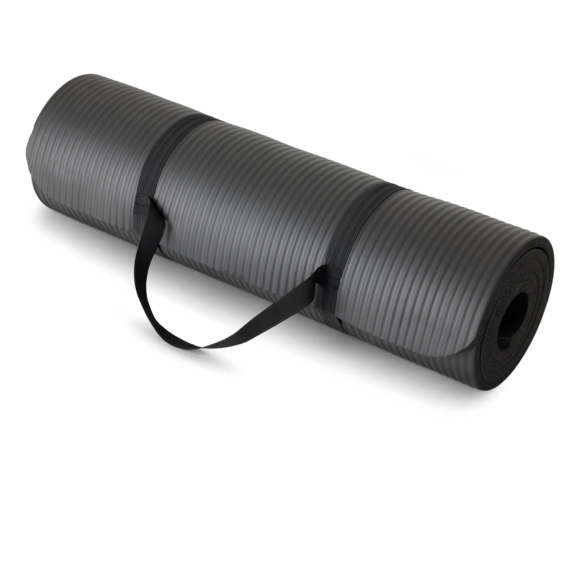 Amazon Basics - Alfombrilla de yoga y ejercicios con cinta de transporte, extragruesa, grosor de 1,2 cm, negro