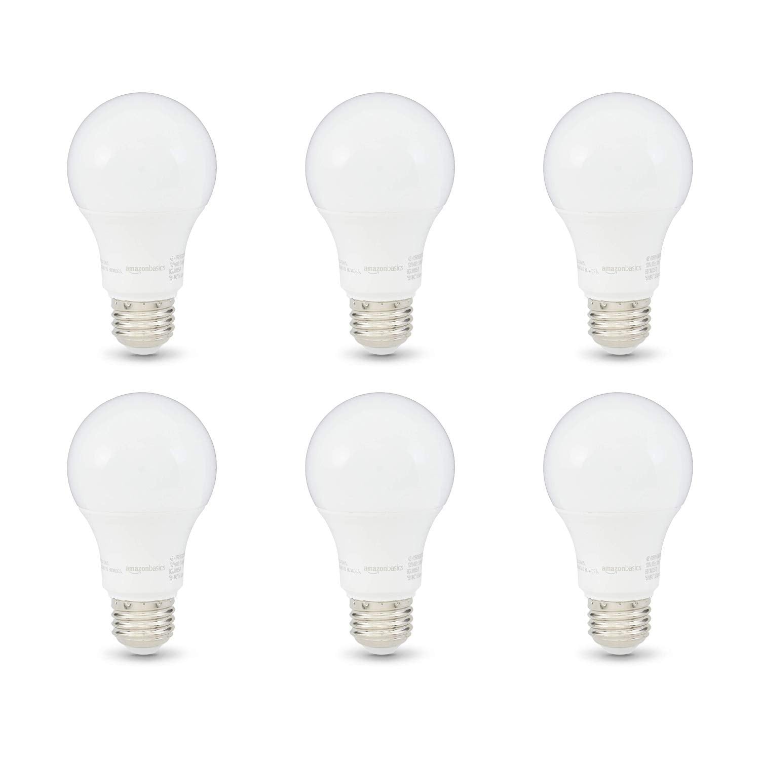 Amazon Basics - Bombilla LED equivalente a regulable, 10.000 horas de vida útil, A19, 6 Unidads