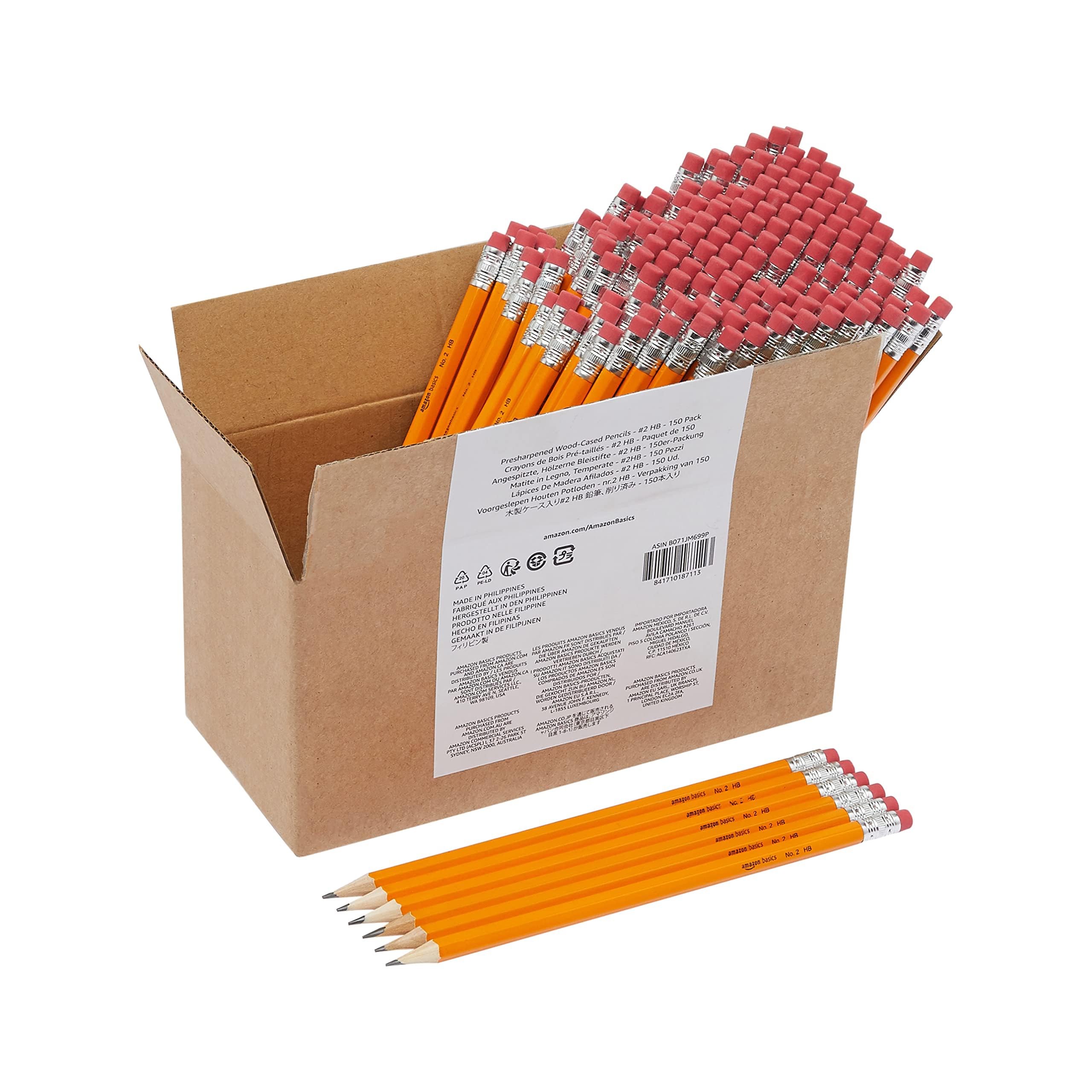 Amazon Basics Lápices 2HB de grafito con recubrimiento de madera, preafilados, sin manchas, punta de goma de borrar, escuela, paquete de 150