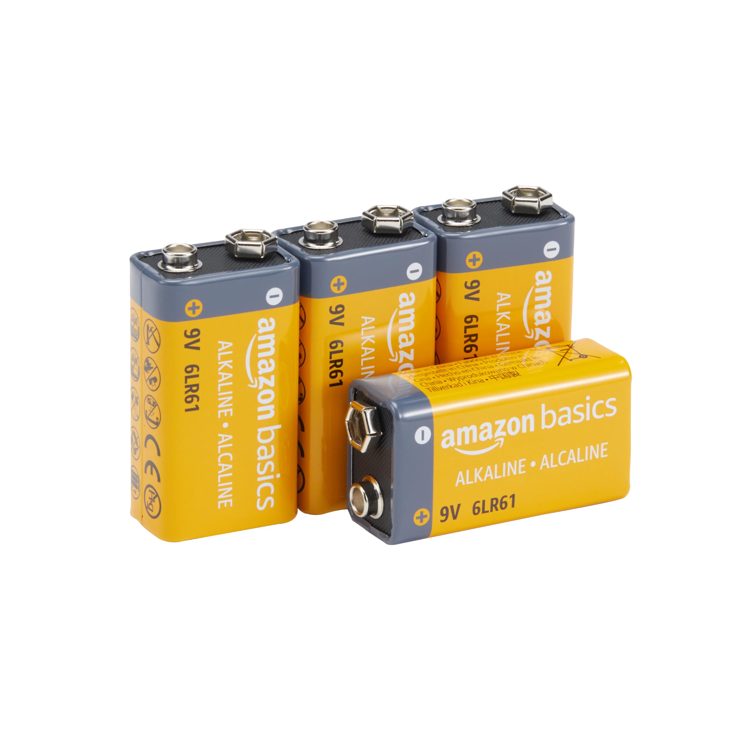 Amazon Basics - Paquete de 4 pilas alcalinas de 9 V, 9 V/6LR61, vida útil de 5 años, para detector de humo/monóxido de carbono, electrónica y audio