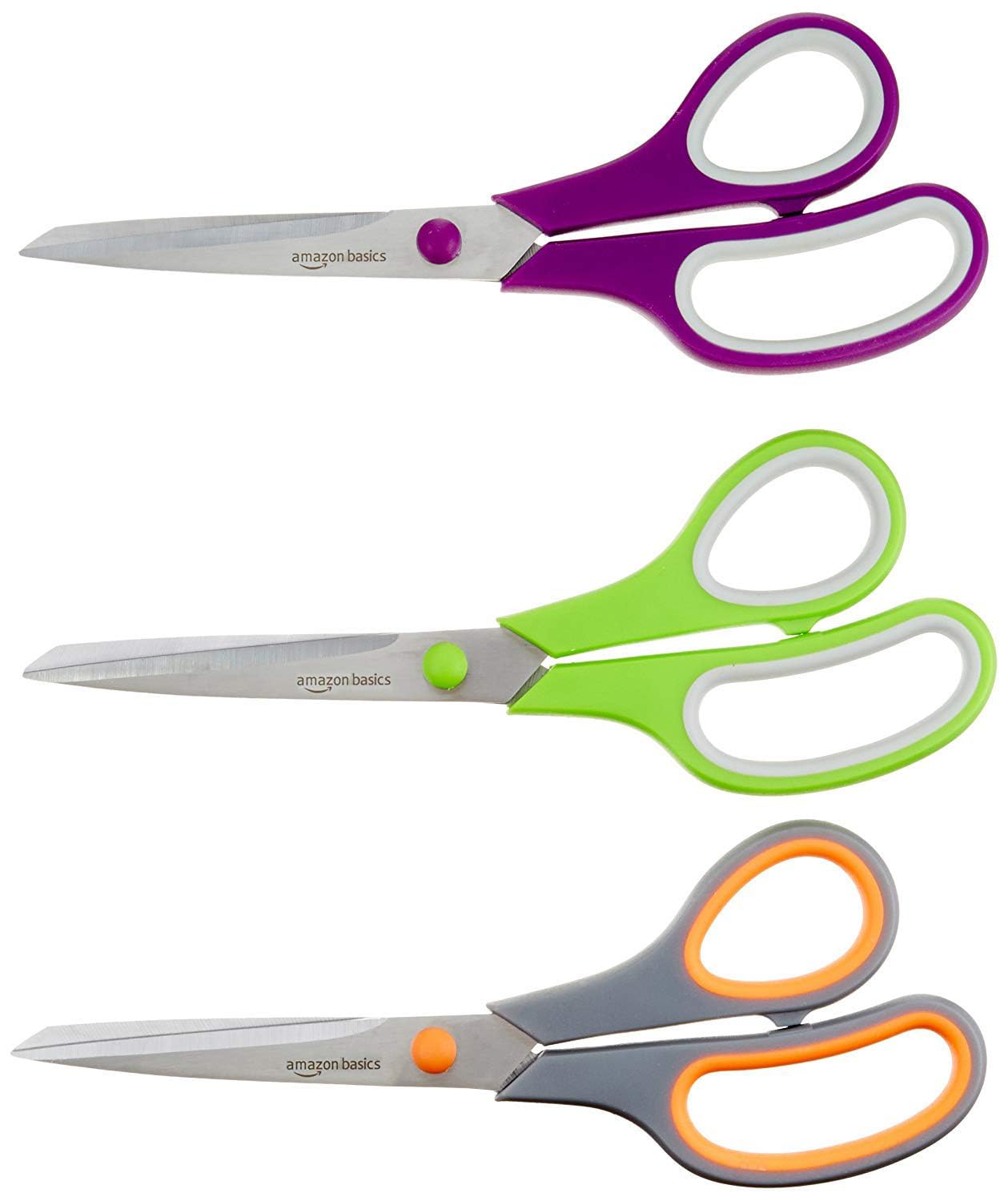 Amazon Basics Tijeras de acero inoxidable, cómodas, multifuncionales, multiusos, recubiertas de PVD, paquete de 3, oficina, hogar, cocina, multicolor