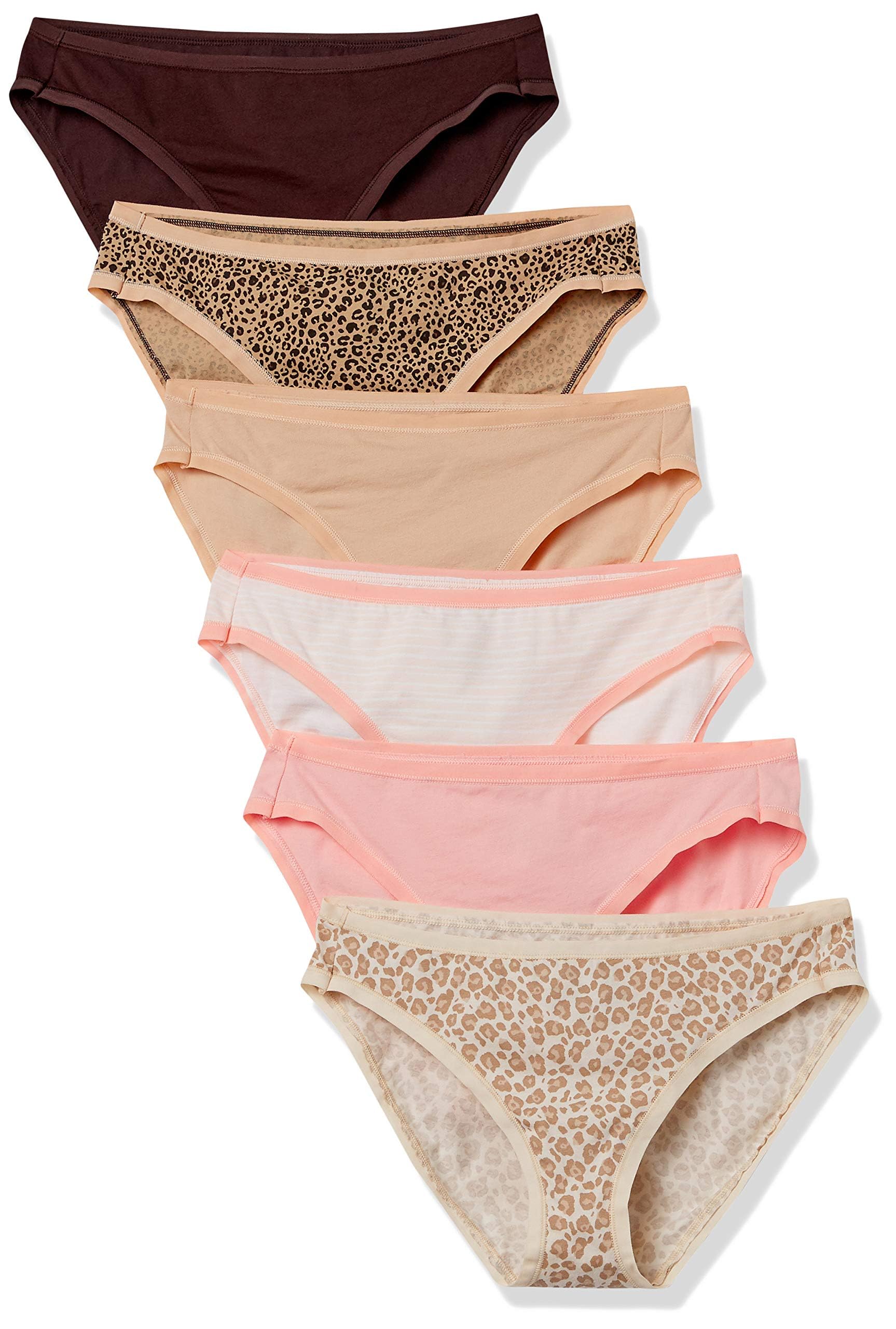 Amazon Essentials Braguita de Bikini de algodón (Disponible en Tallas Grandes) Mujer, Pack de 6, Estampado de Animales/Leopardo/Multicolor/Rayas, 44