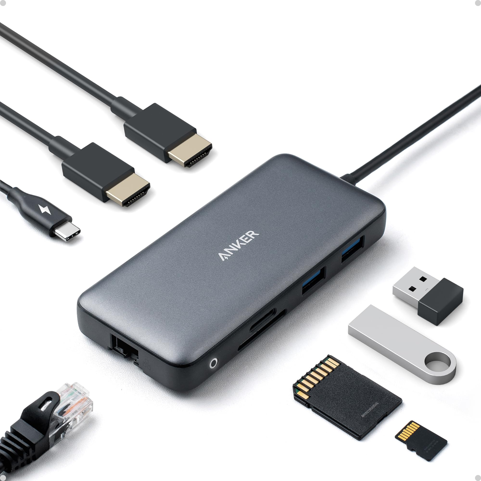 Anker PowerExpand 8-in-1 USB C Adaptador, USB C Media Hub, Dual 4K HDMI, 100W Power Delivery 1 Gbps Ethernet 2 Puertos de Datos USB 3.0, Lector de Tarjetas de Memoria SDµSD para MacBook Pro