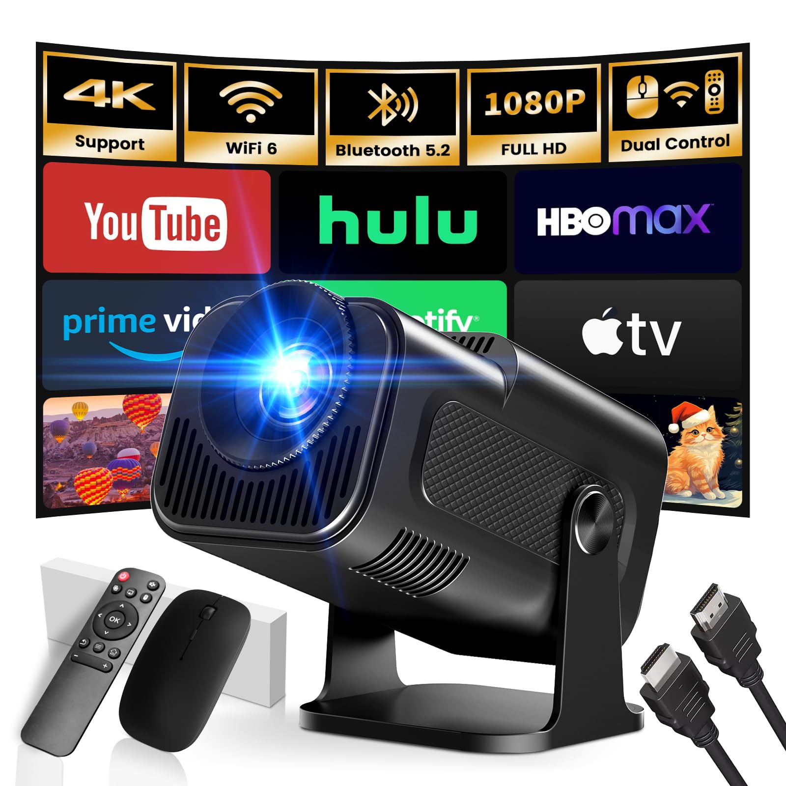 [App Integrada] 2026 Upgraded Proyector PortÃ¡til 1920x1080P 4K Supote Videoproyector Dual Control WiFi 6 BT5.2 180Â° Rotation Compatible con HDMI/TV Stick/USB/Laptop, Negro