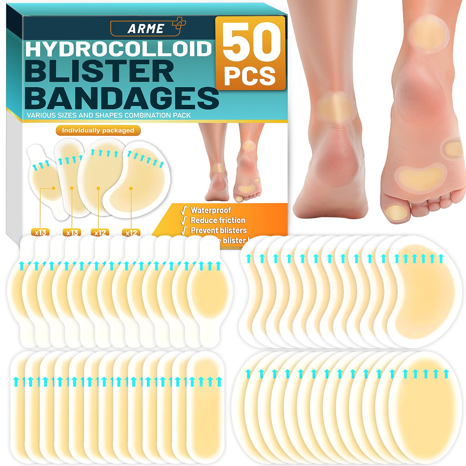 Arme Vendas hidrocoloides, 50 vendas de gel para ampollas para pies, almohadillas impermeables para ampollas para prevención y recuperación, vendas contra ampollas para protección del talón, pies y