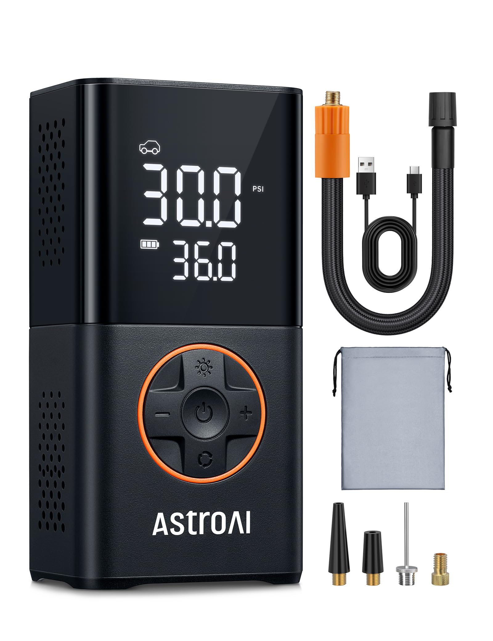 AstroAI Compresor Aire Portátil Inalámbrico, Inflador Ruedas Multiuso, Hinchador Ruedas con BaterÃa Recargable y Luz LED, Apagado Automático para Coche Eléctricos, Bicicletas, Moto y Etc. (Naranja)