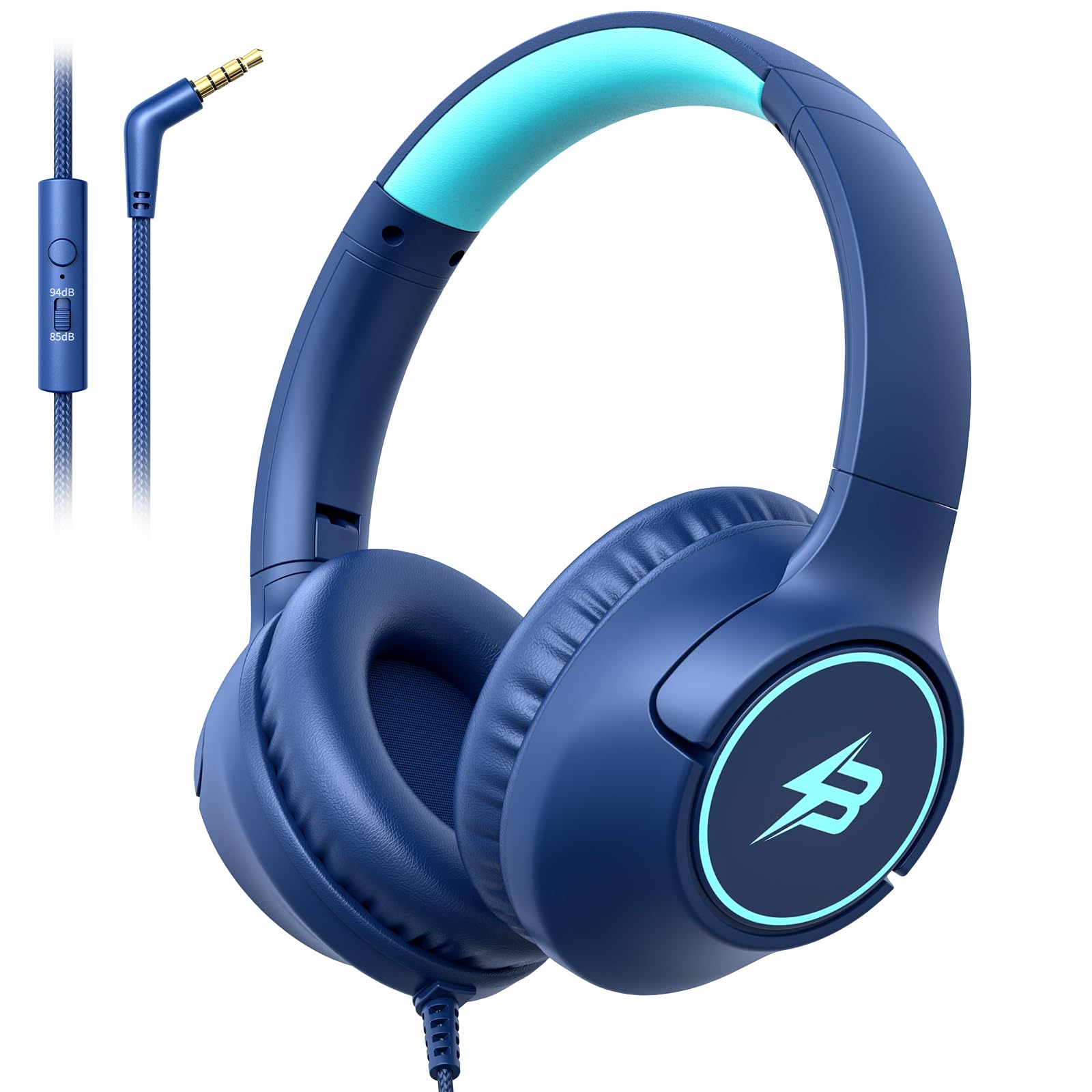Auriculares para niños con cable para la escuela, lÃmite de volumen de 85/94 dB, auriculares con cable para niños y niñas con micrófono, sonido estéreo, conector de 3,5 mm para Kindle, tablet, viajes