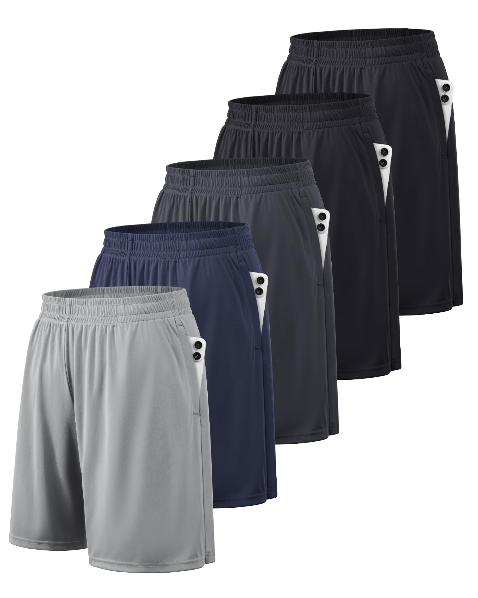 BALENNZ Pantalones Cortos Deportivos para Hombre con Bolsillos y Cintura elástica, Ropa Deportiva de Secado rápido, Paquete de 5 Unidades, Negro, Azul Marino, Gris Oscuro, Gris Claro, Large