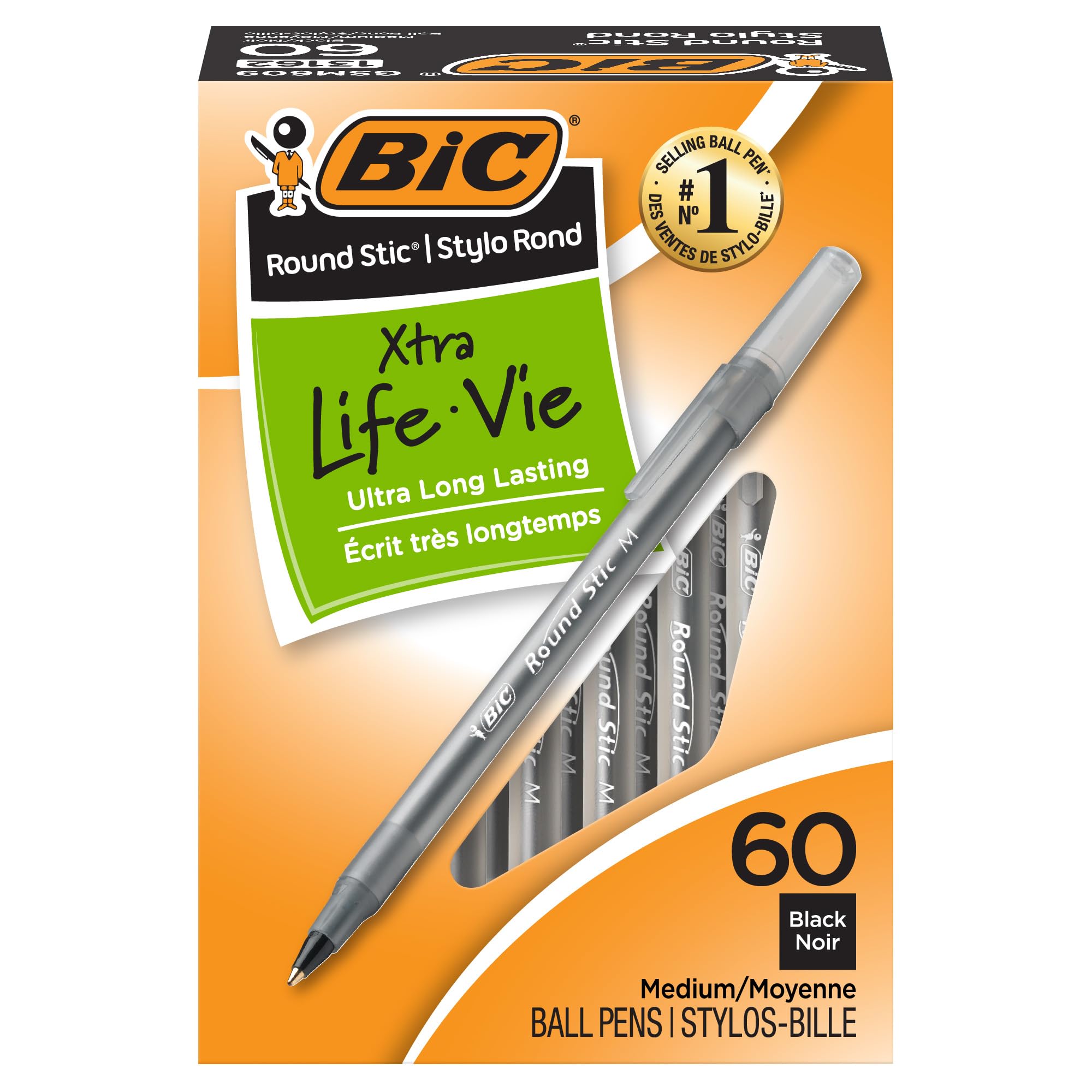 BIC Stic Xtra Life. BolÃgrafo redondo, punta mediana, color negro 60 count