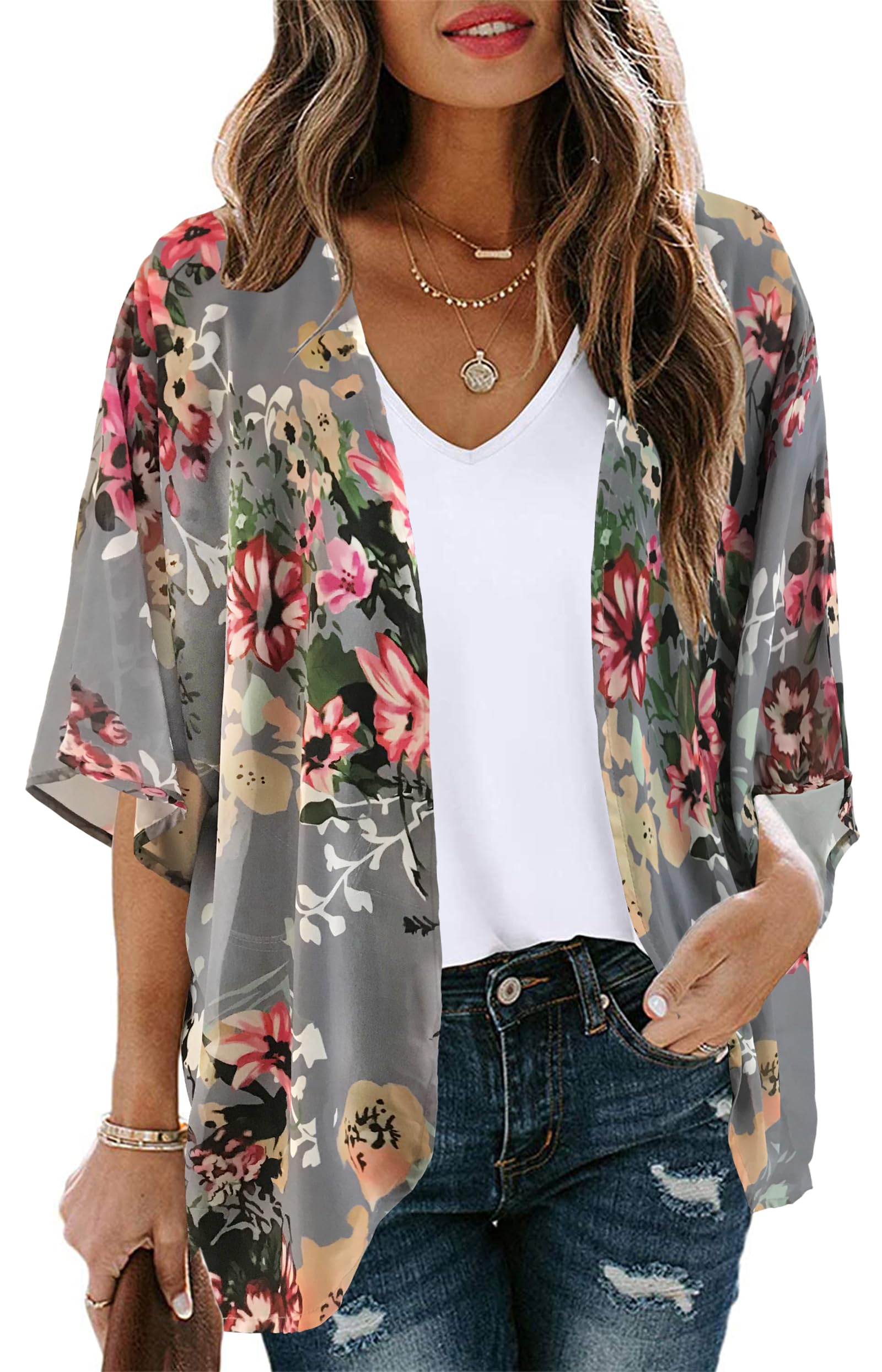 Cárdigan tipo kimono de manga abombada con estampado floral para mujer, blusa casual suelta, L