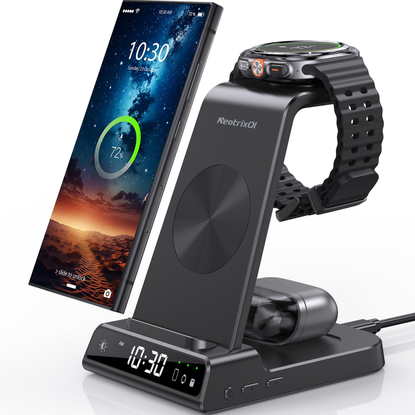 Cargador Inalambrico para Samsung, 3 in 1 Wireless Charger para Samsung für Galaxy S25 Ultra/S24/Z Fold 6/Z Flip 6, Base de Carga con Reloj Digital para Galaxy Watch Ultra/7/6, Galaxy Buds Pro 2