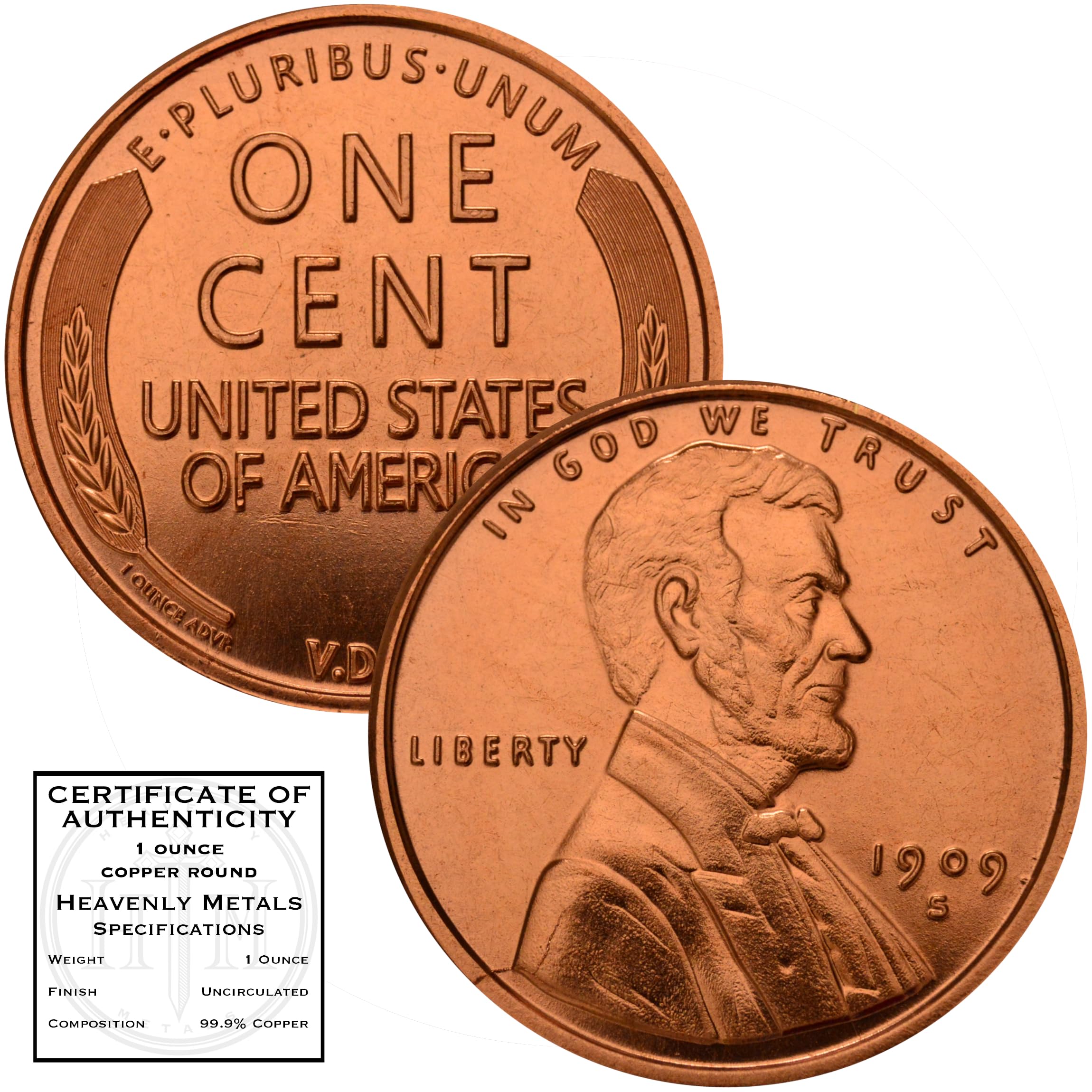Centavo de Trigo Lincoln 1909 S VDB Diseño 1 oz Redondo de Cobre Puro .999, Moneda Coleccionable Jumbo de 39 mm en Cápsula - COA de Heavenly Metals