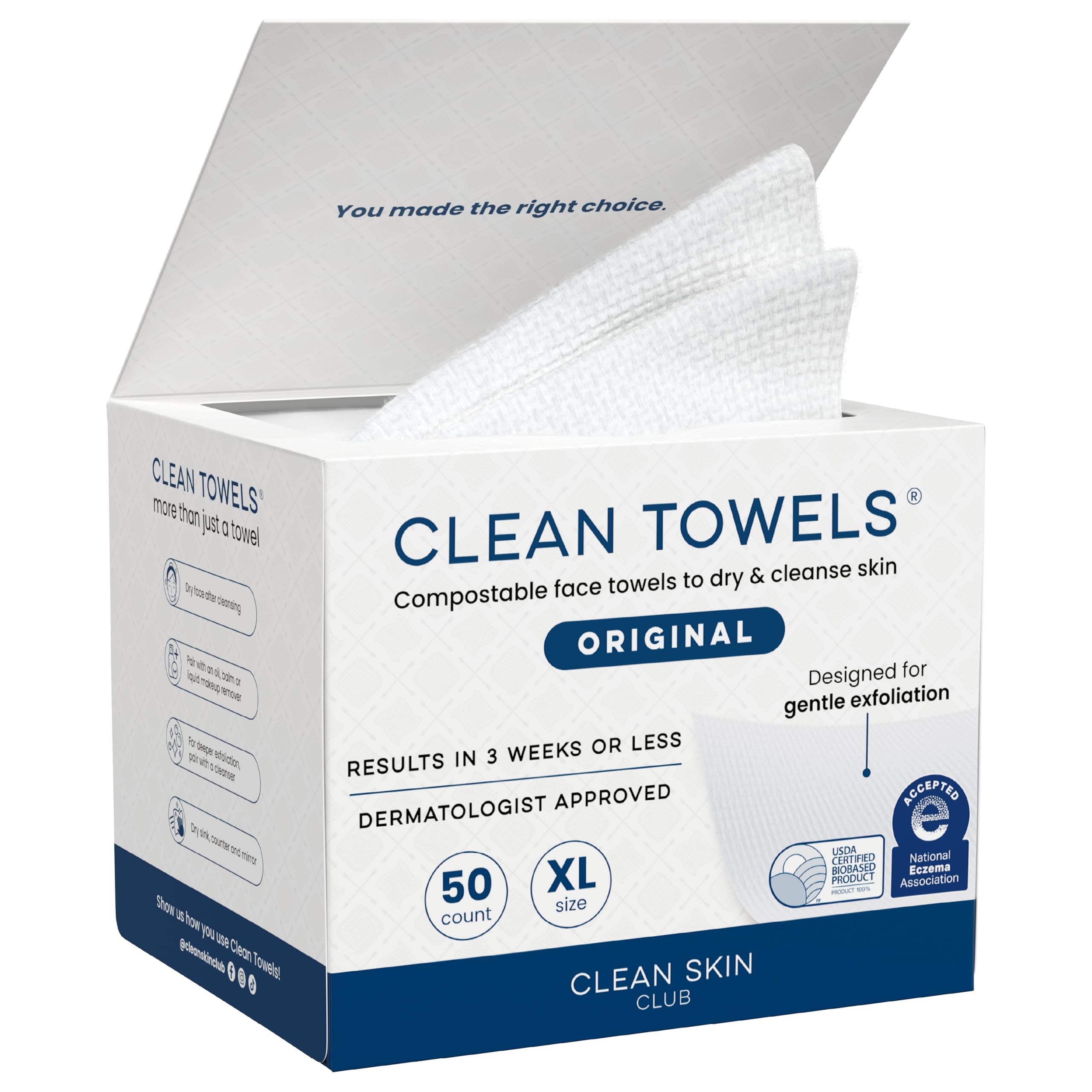 Clean Skin Club Clean Towels XL, 100% biologische gezichtsdoekjes, USDA-gecertificeerd, voor eenmalig gebruik, goedgekeurd door de Eczema Association, ultrazacht, 1 pak van 50 stuks